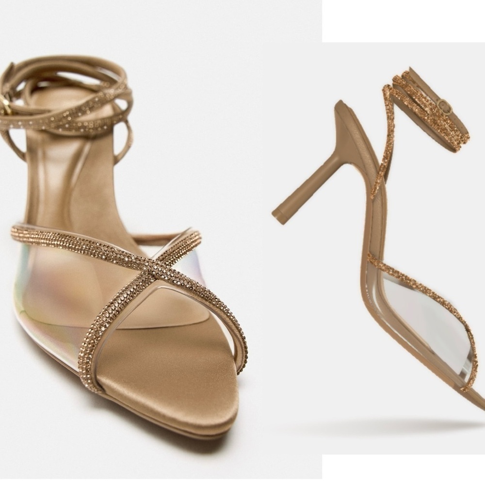 Zara Sandy Brown Crystal rhinestone lace up vinyl strappy high heel sandals 6.5